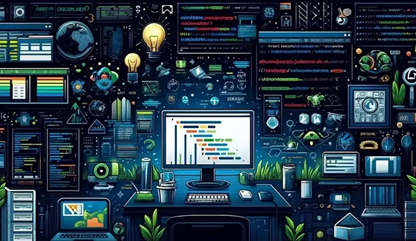 Computadora de escritorio con fondo azul
